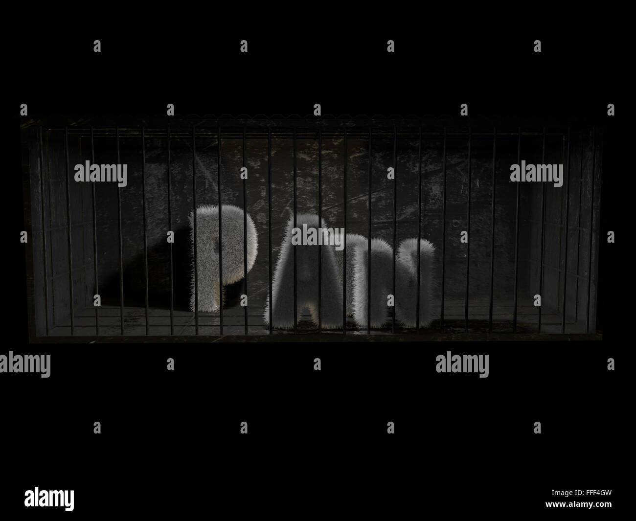 Un soffice word (dolore) con i capelli bianchi dietro le sbarre con sfondo nero. Foto Stock