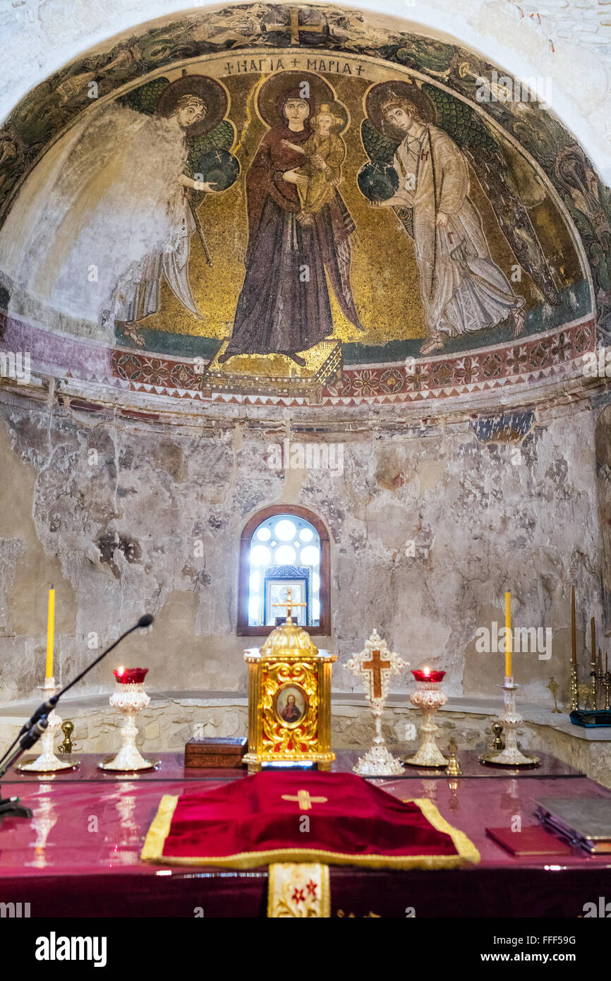 Mosaico con la Santa Vergine (VI secolo), Panagia Angeloktisti chiesa, Kiti, Larnaca, Cipro Foto Stock