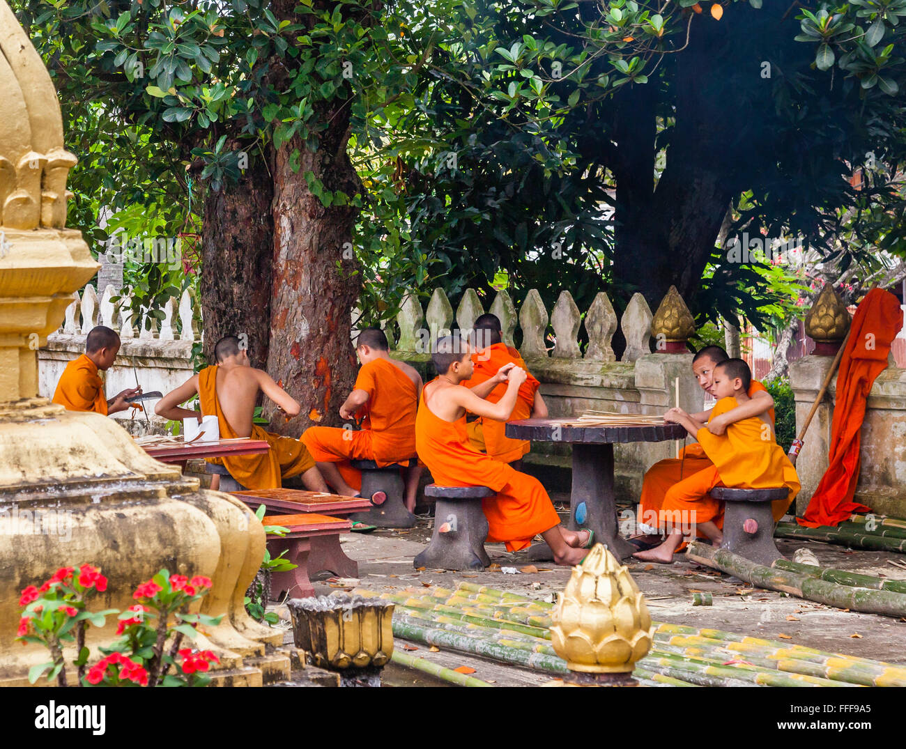 Repubblica democratica popolare del Laos, Luang Prabang, debuttante i monaci buddisti di Wat Hosian Voravihane monastero Foto Stock