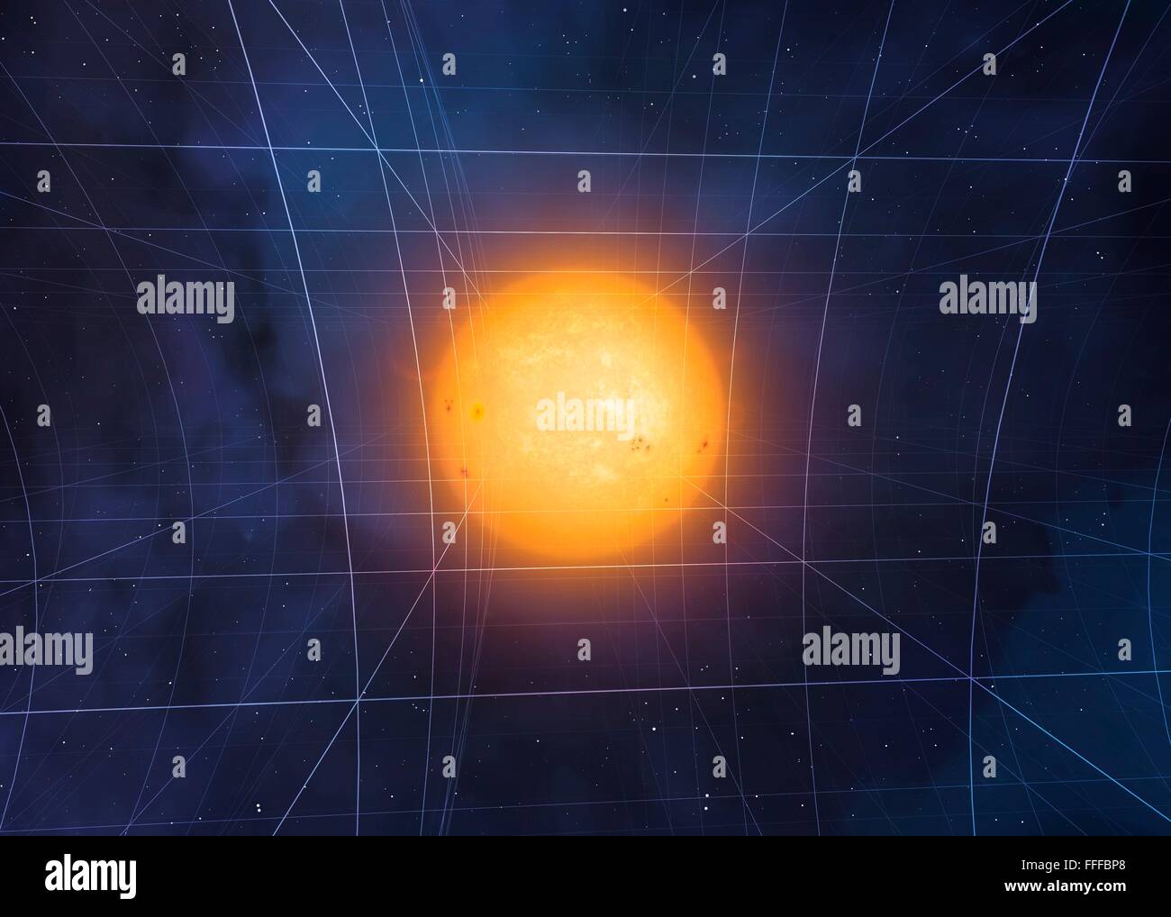 La curvatura dello spazio-tempo. Computer artwork del sole della curvatura dello spazio-tempo secondo Einstein Teoria della relatività generale. Foto Stock