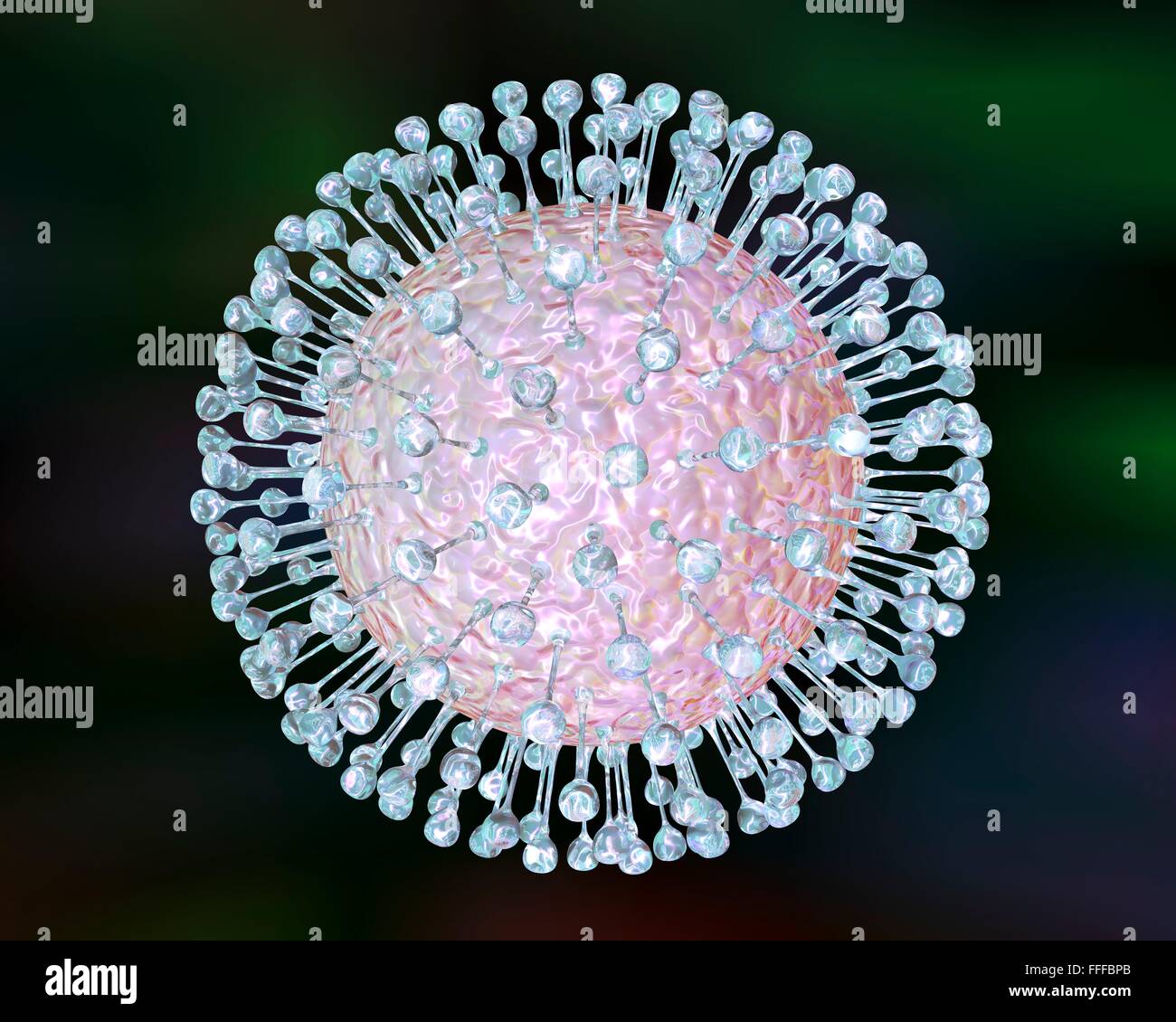 Zika virus. Computer illustrazione che mostra i picchi di proteina di involucro virale esterno. Questo è un RNA (acido ribonucleico) Foto Stock