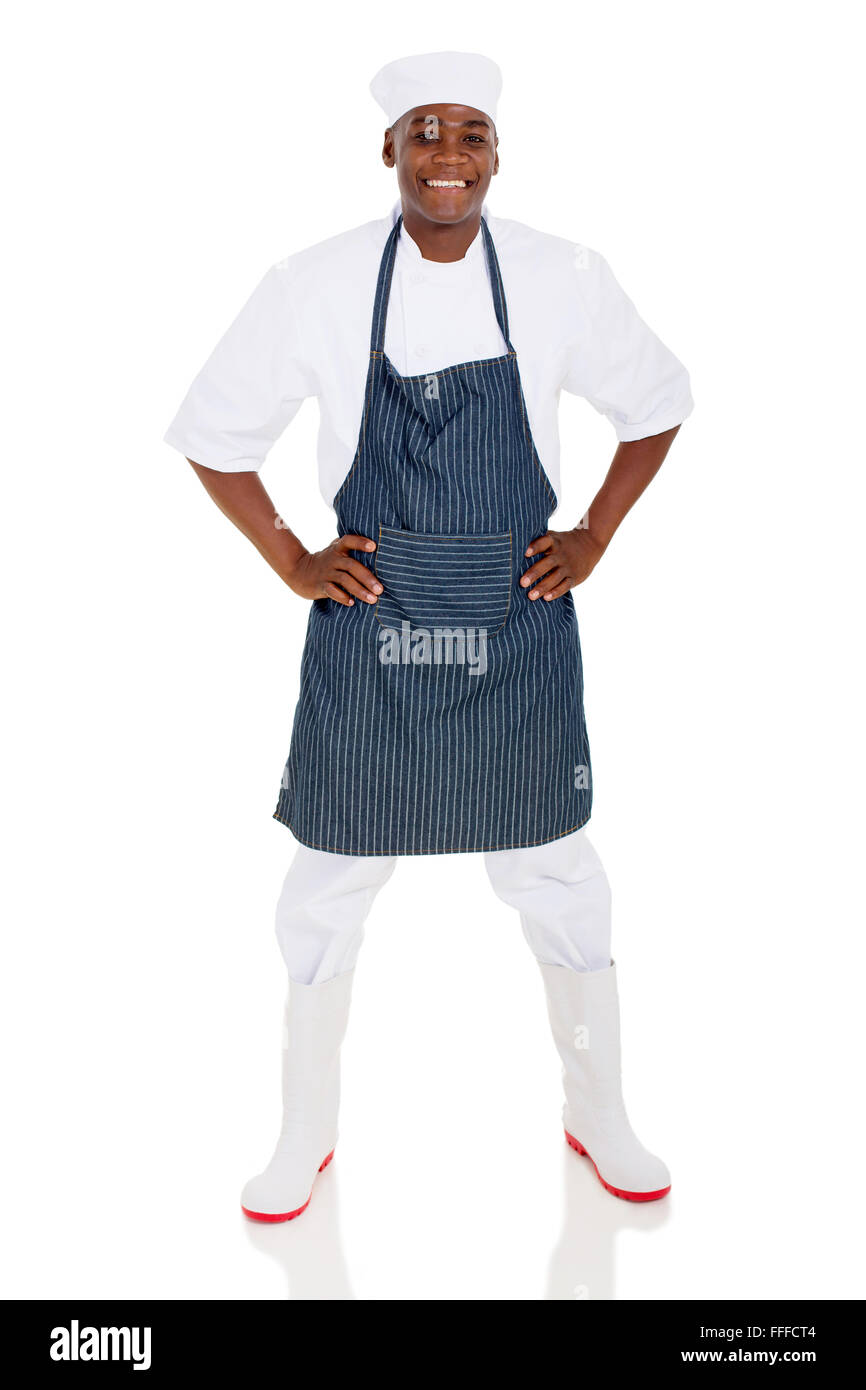 Ritratto di felice maschio americano africano chef isolato su bianco Foto Stock