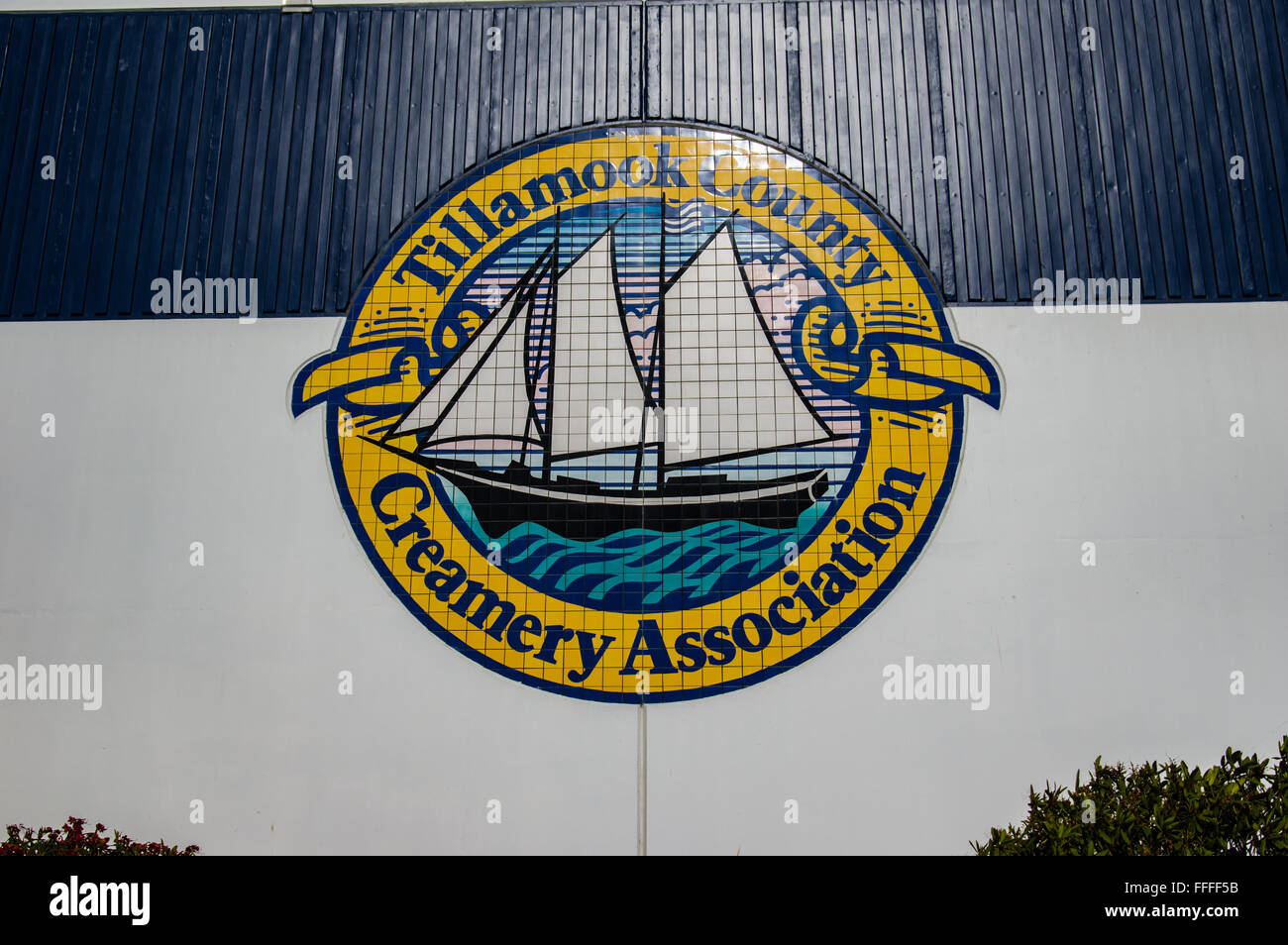 Segno sulla Tillamook Caseificio edificio, Tillamook, Oregon Foto Stock