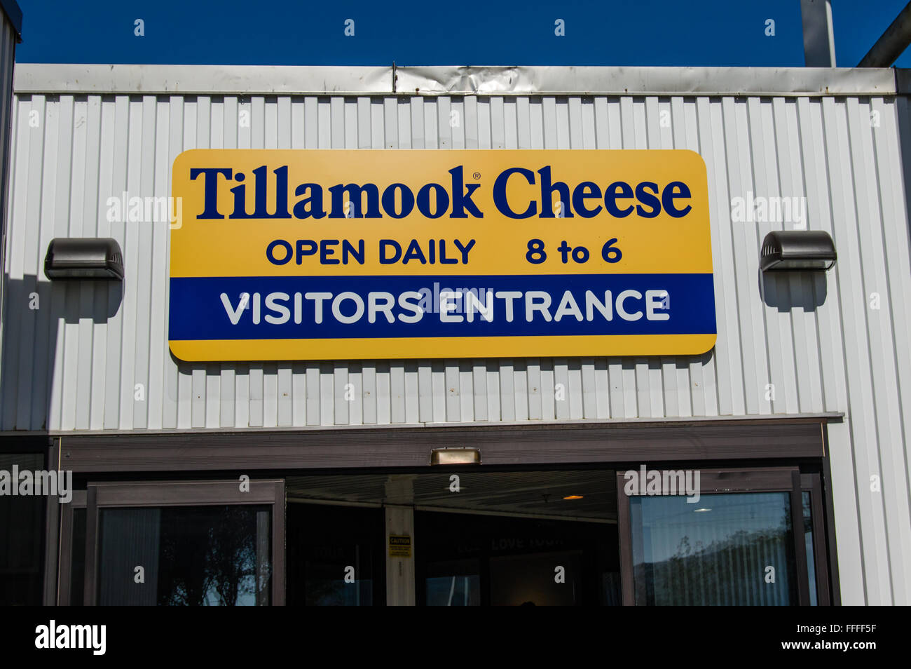 Segno sulla Tillamook Caseificio edificio, Tillamook, Oregon Foto Stock