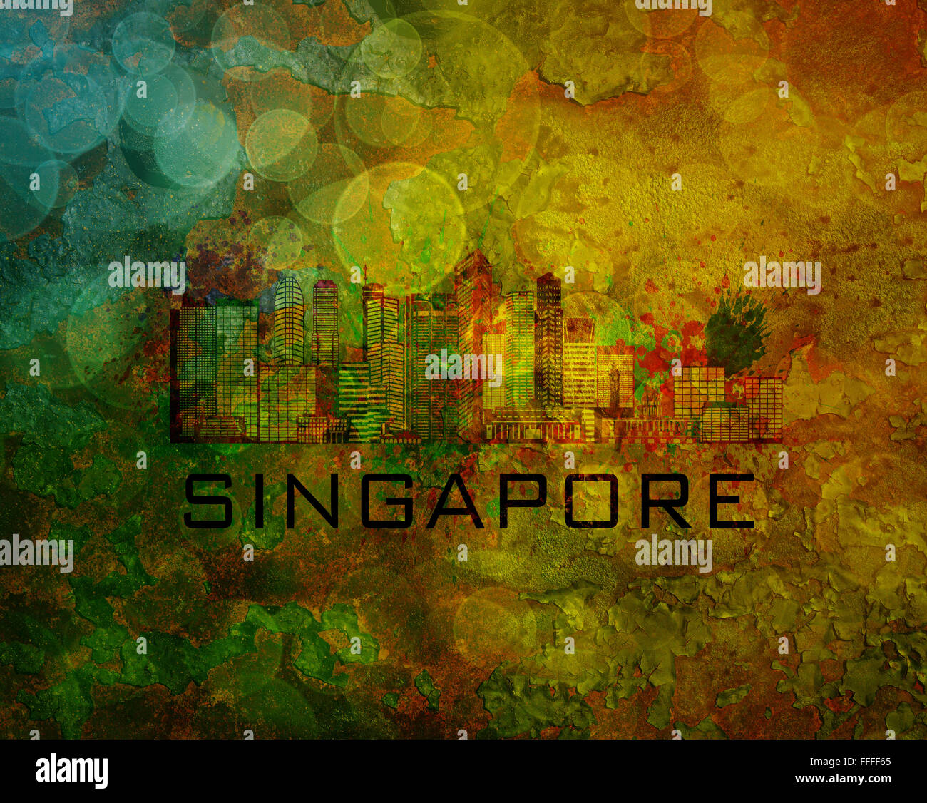 Singapore skyline della città con spruzzi di vernice riassunto il Grunge Texture colore di sfondo immagine Foto Stock