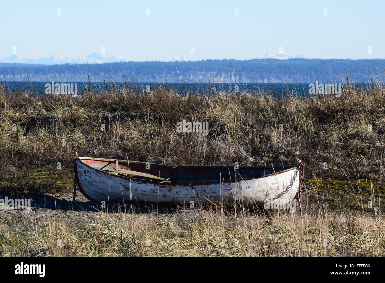 Barca abbandonata a Fort Worden parco dello stato Foto Stock