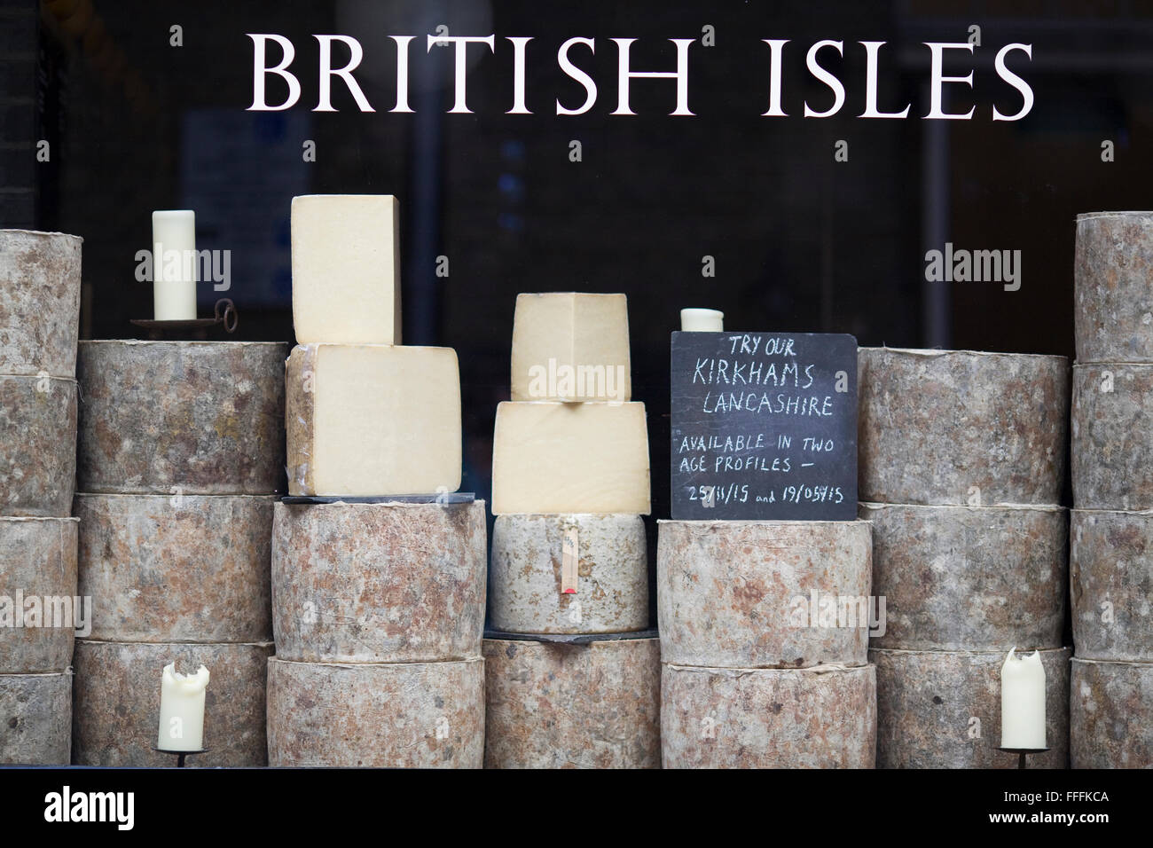 Isole britanniche Kirkhams Lancashire formaggio sul display Foto Stock