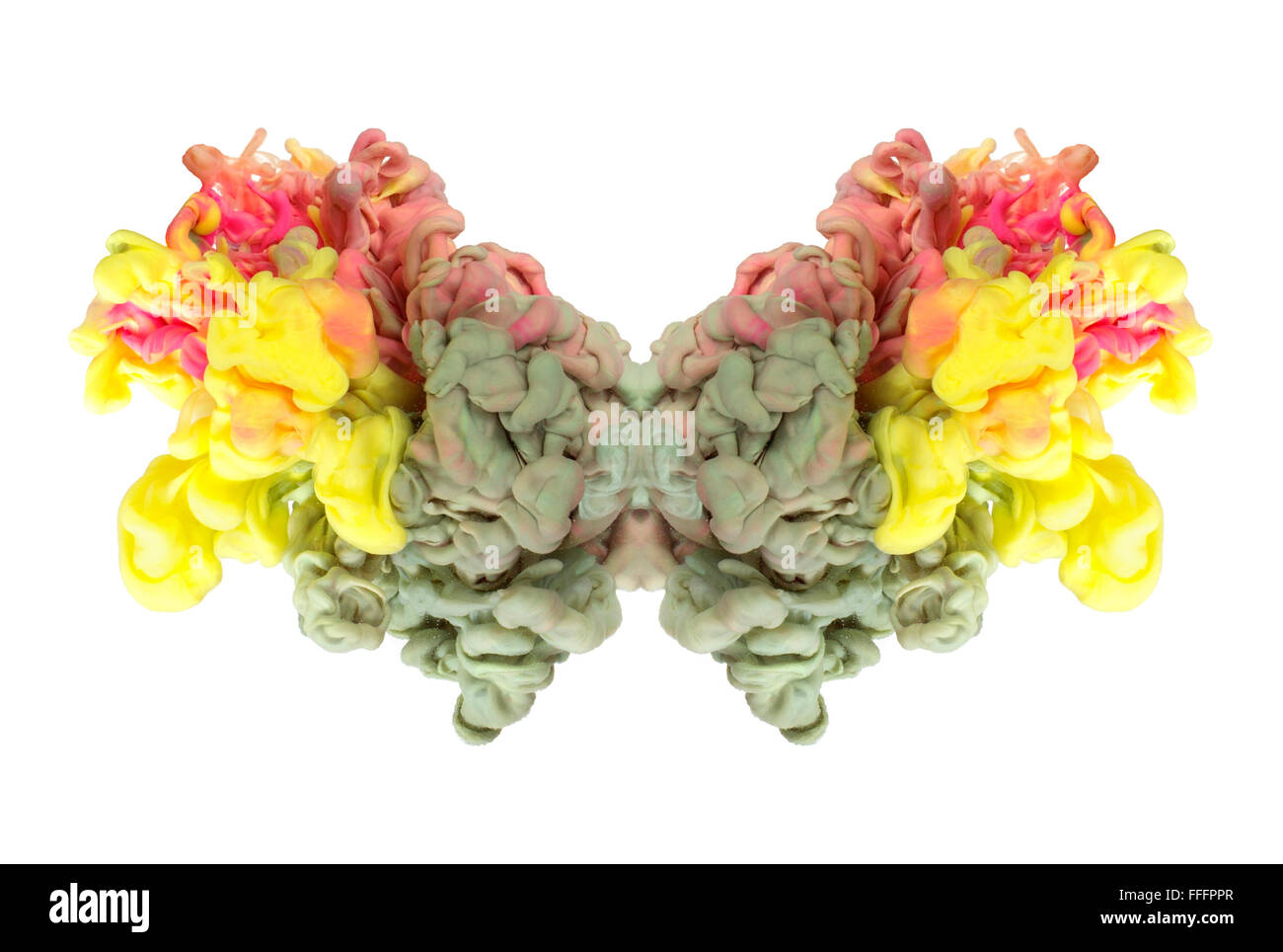 Inchiostro multicolore goccia agitando in acqua, crea una forma organica di struttura setosa, con colori caldi. Foto Stock