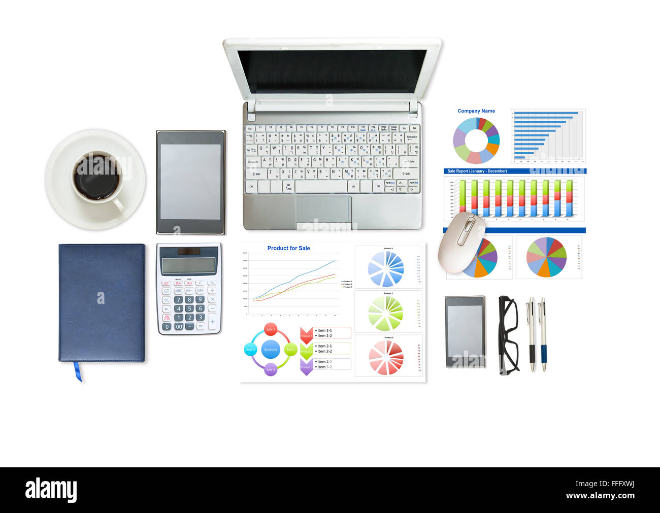Immagine del piano di business dei laici e la relazione finanziaria su sfondo bianco Foto Stock