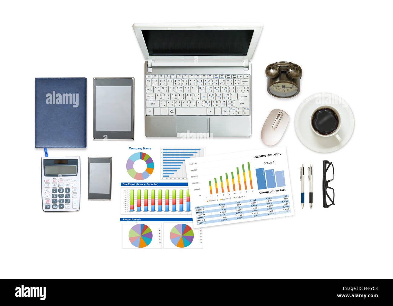 Immagine del piano di business dei laici e la relazione finanziaria su sfondo bianco Foto Stock