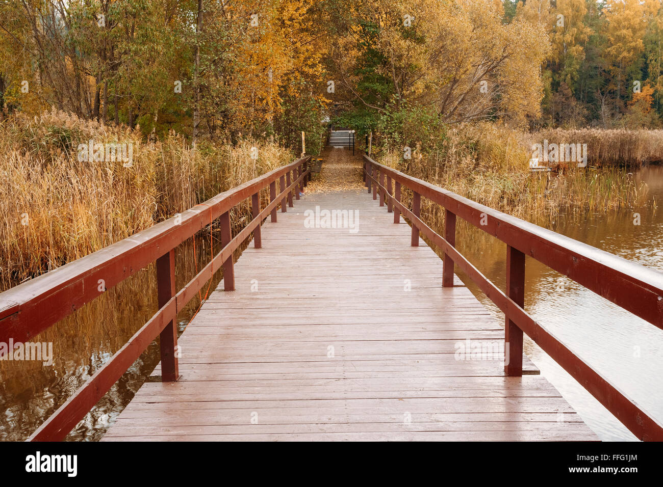 Bel vecchio molo in legno, ponte per la pesca e la foresta di autunno in background. Il pittoresco paesaggio naturale. Concetto di vacanza. Foto Stock