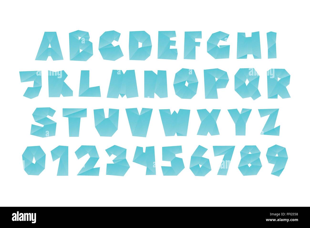 Set di isolato di stile frattale, origami alfabeto lettere e numeri. vettore, diamante tipo di font design. il vetro e il lettering ghiaccio t Illustrazione Vettoriale