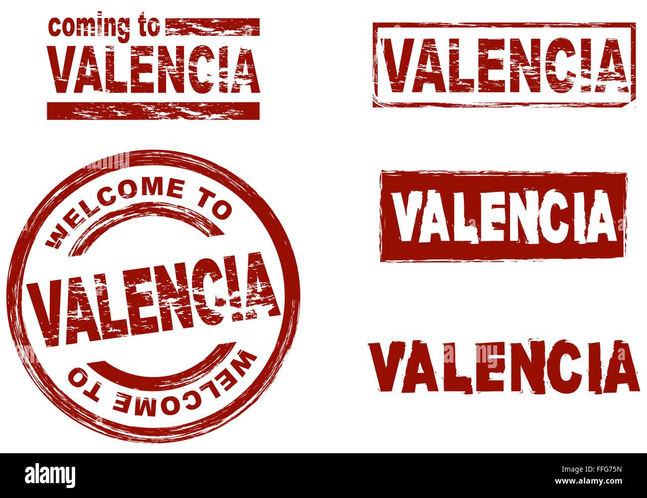 Set di inchiostro stilizzata timbri che mostra la città di Valencia Illustrazione Vettoriale