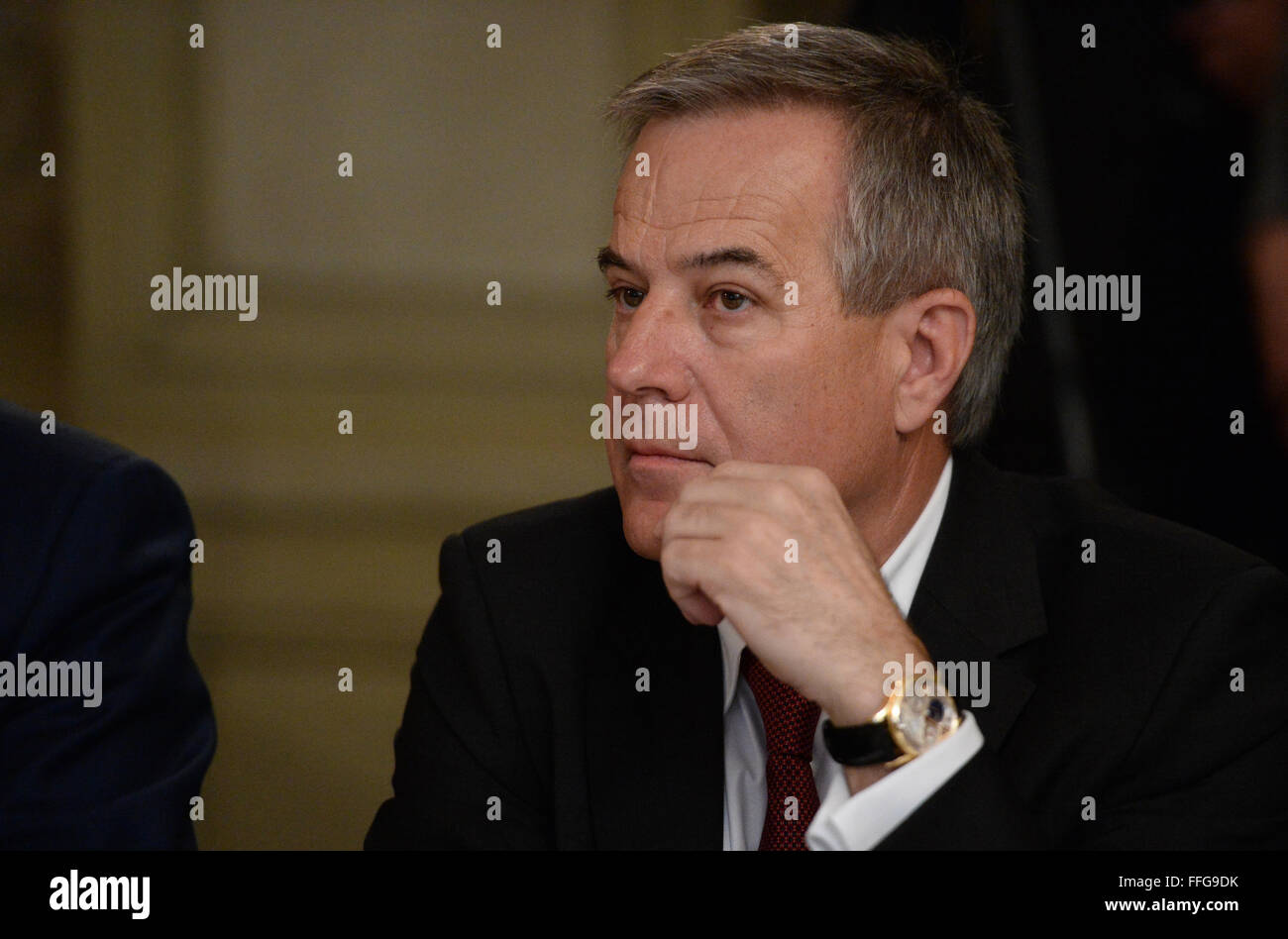 Monaco di Baviera, Germania. Xiii Febbraio, 2016. Austrian Siegfried Wolf, Presidente del consiglio di vigilanza della società russa ussian macchine e Sberbank Europa, durante una colazione con la Federazione delle industrie tedesche (BDI) Comitato Europeo Orientale le relazioni economiche nel corso della 52a Conferenza di sicurezza in Hotel Bayrischer Hof a Monaco di Baviera, Germania, il 13 febbraio 2016. La 52a Conferenza di sicurezza viene eseguito fino al 14 febbraio 2016. Foto: ANDREAS GEBERT/dpa/Alamy Live News Foto Stock