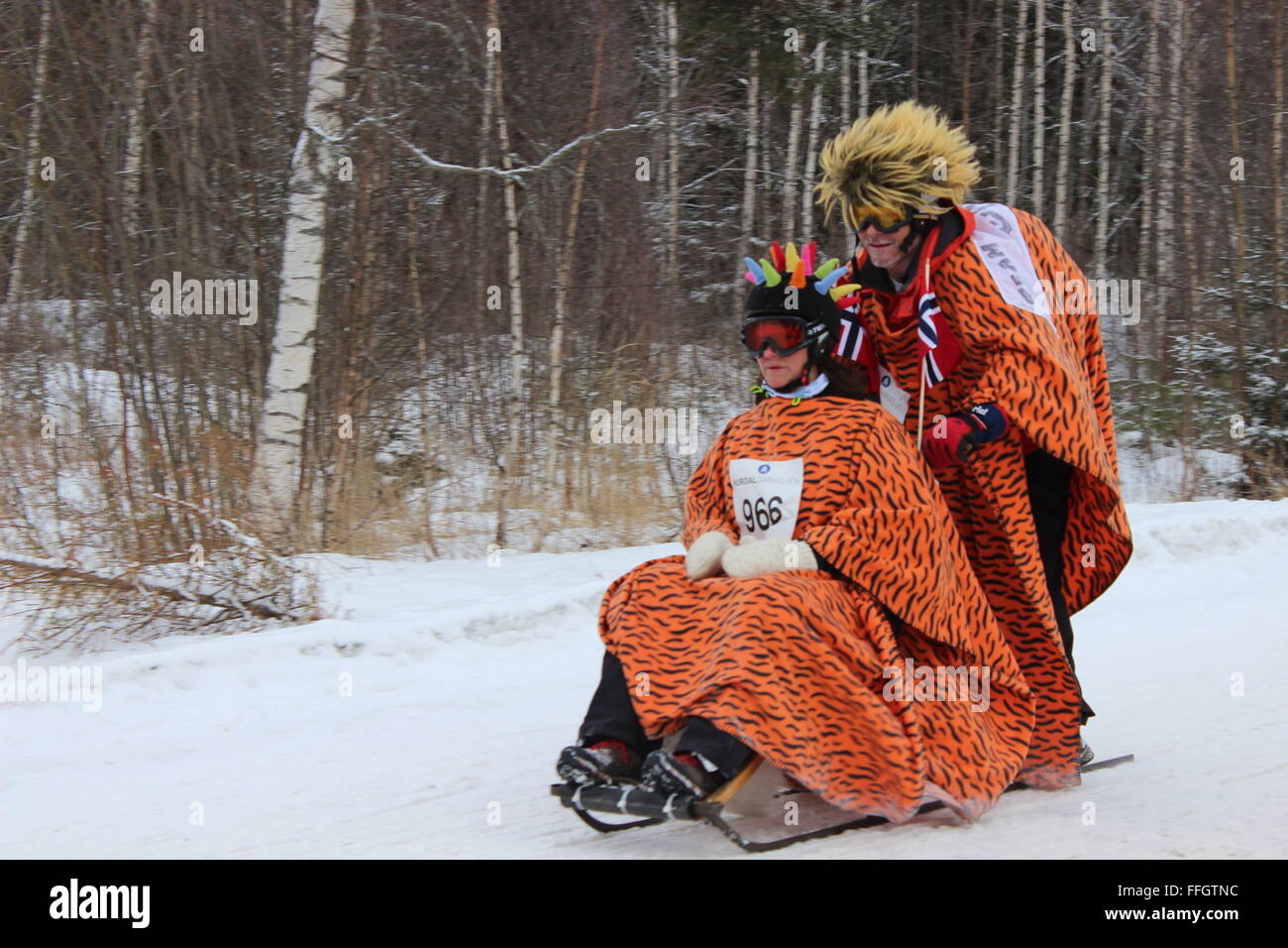 Hurdal, Norvegia. Xiv Febbraio 2016. I concorrenti e il pubblico al kicksled il campionato mondiale di Hurdal con tipici costumi norvegesi. Silje Ekern/Alamy Live News Foto Stock