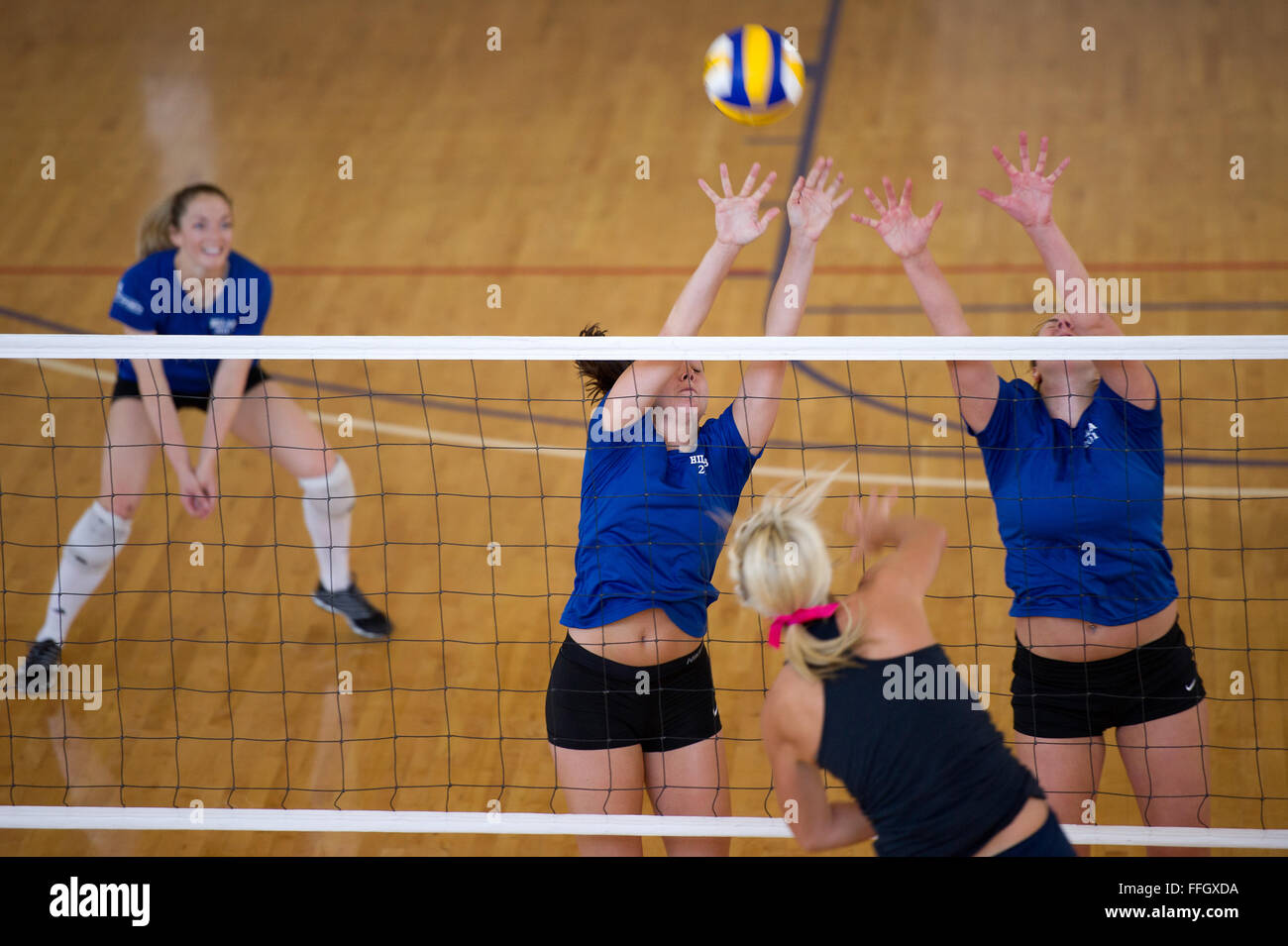 Membri della Air Force femminile di pallavolo team scrimmage contro la Utah State University gamma team a Hill Air Force Base, Utah. La Air Force team è stata la formazione e scrimmaging con locale club e squadre di college quotidianamente in preparazione per le forze All-Armed femminile di pallavolo torneo, dove la forza dell'aria potrà competere contro altri servizi militari. Foto Stock