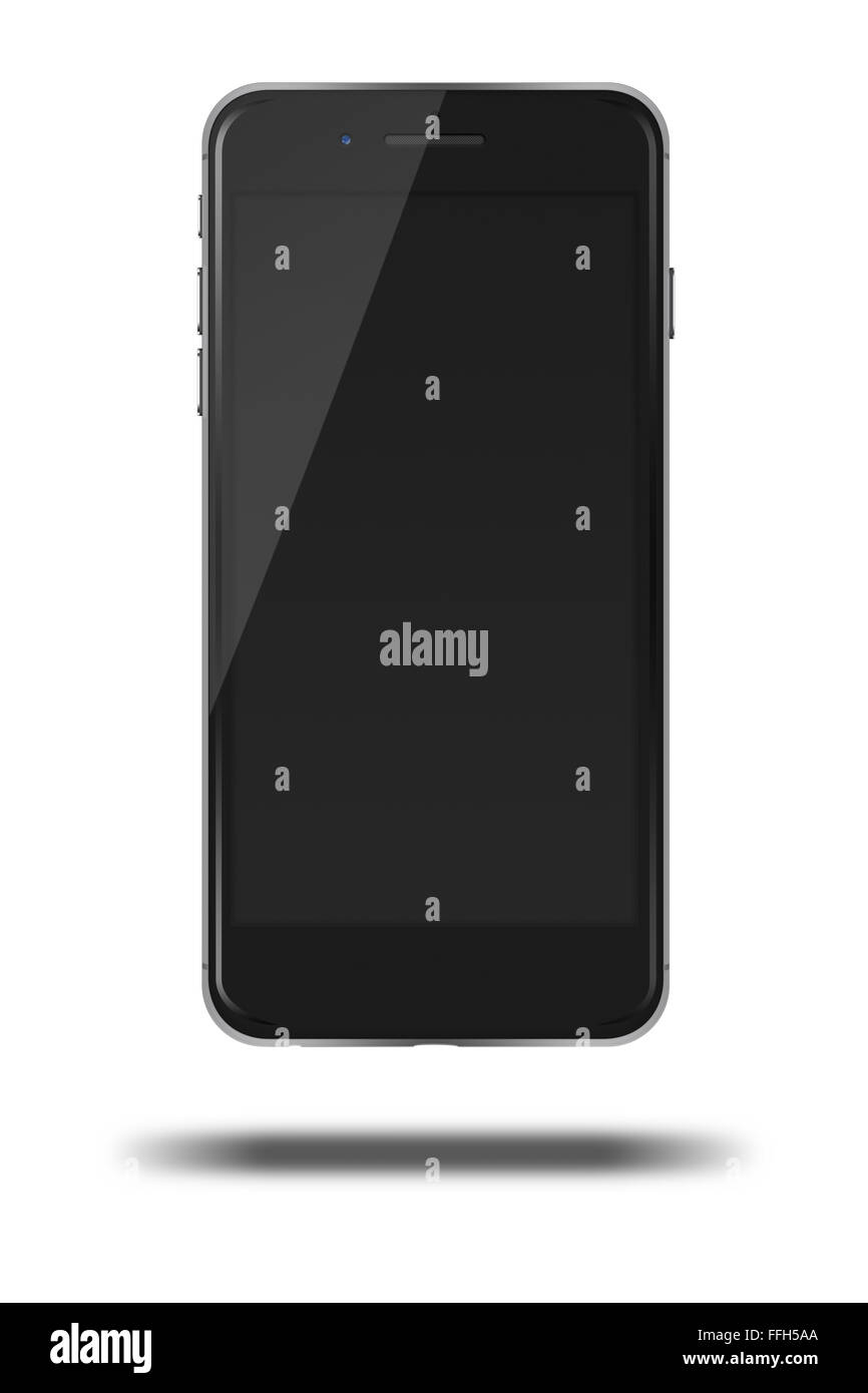 Moderno touch screen smartphone con smart fotocamera e schermo nero isolato su sfondo bianco. Foto Stock