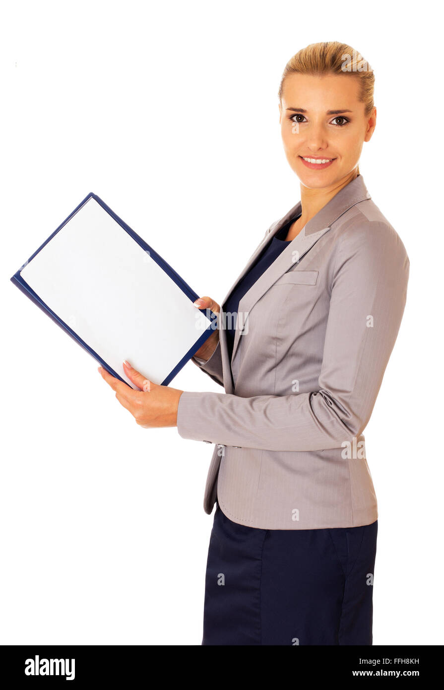 Business donna prendendo documento, notebook per le note, isolato su bianco. Foto Stock