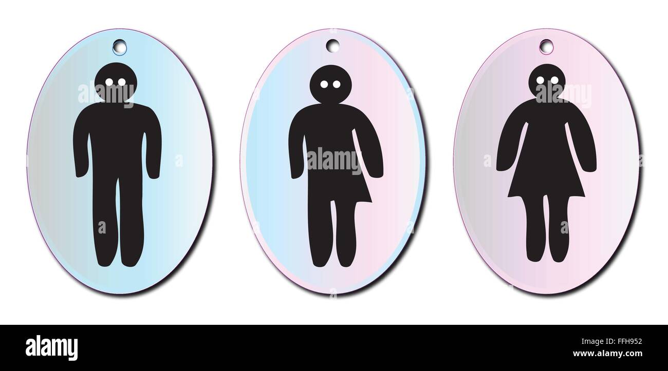 Un trio di femmine e maschi e transgender wc segni su bianco Illustrazione Vettoriale