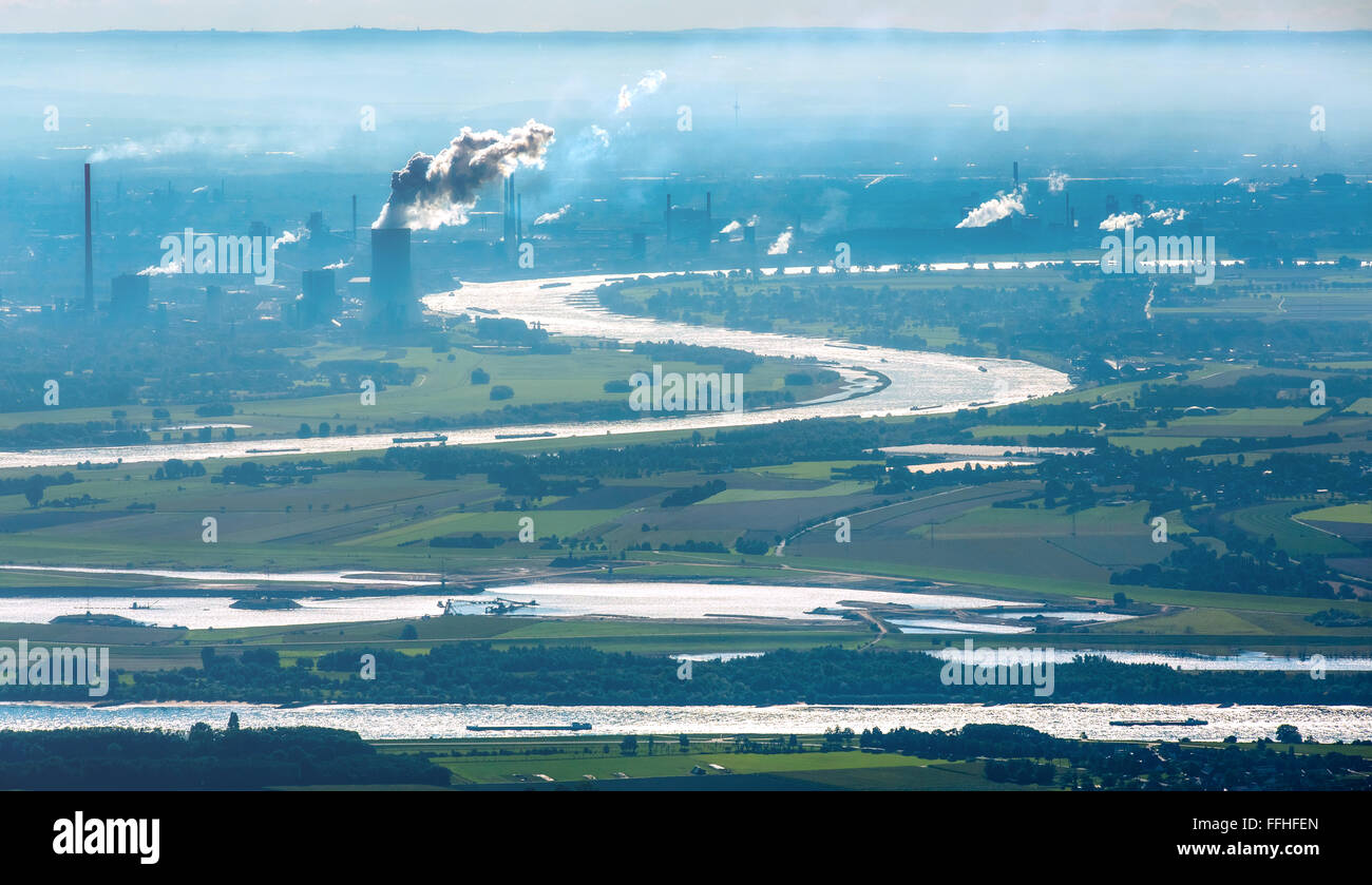 Vista aerea, Reno meandro del Voerde Duisburg e visto da Rheinberg, corso del Reno, regione del Basso Reno idillio,paesaggi industriali Foto Stock