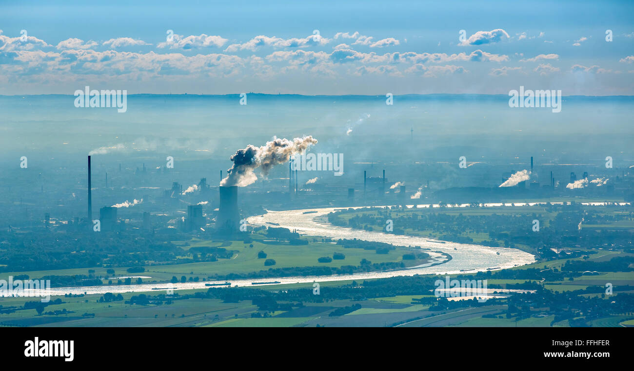 Vista aerea, Reno meandro del Voerde Duisburg e visto da Rheinberg, corso del Reno, regione del Basso Reno idillio,paesaggi industriali Foto Stock