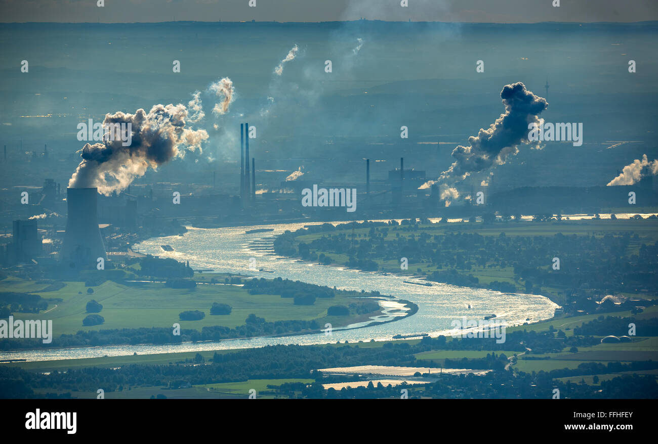 Vista aerea, Reno meandro del Voerde Duisburg e visto da Rheinberg, corso del Reno, regione del Basso Reno idillio,paesaggi industriali Foto Stock