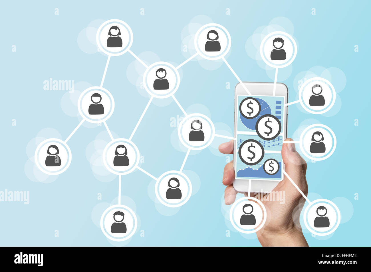 Mobile e-nozione di pagamento con lo smartphone e social network Foto Stock