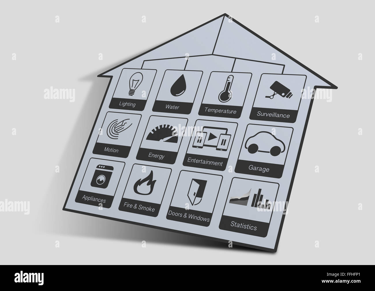 Home automation icone per controllare una casa intelligente come illuminazione, acqua, le videocamere di sorveglianza, energia di impianto di rilevamento del fumo, il sensore di movimento Foto Stock