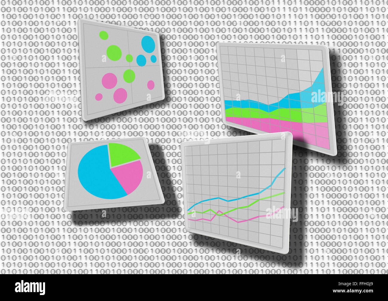 Cruscotto diversi grafici che rappresentano la crescita con grafico a bolle, grafico a torta, diagramma cumulativo e grafico a linee Foto Stock