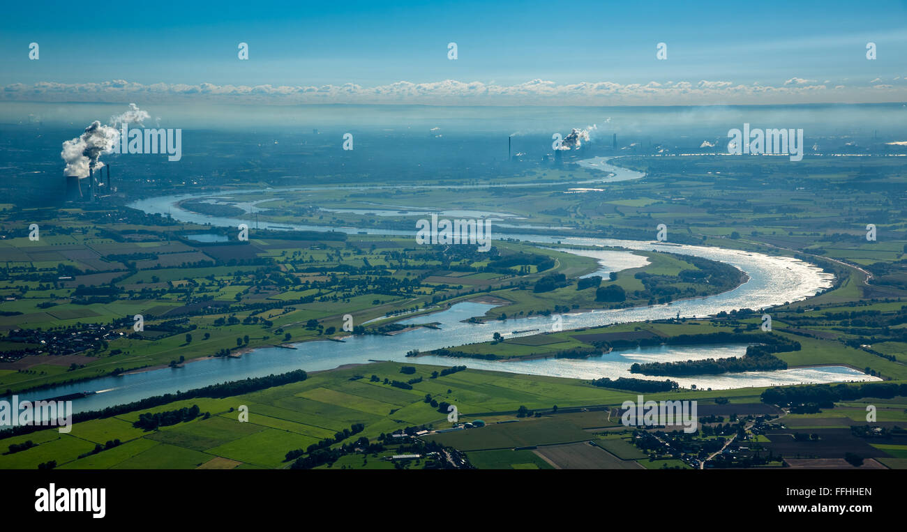 Vista aerea, Reno meandro del Voerde Duisburg e visto da Rheinberg, corso del Reno, regione del Basso Reno idillio,paesaggi industriali Foto Stock