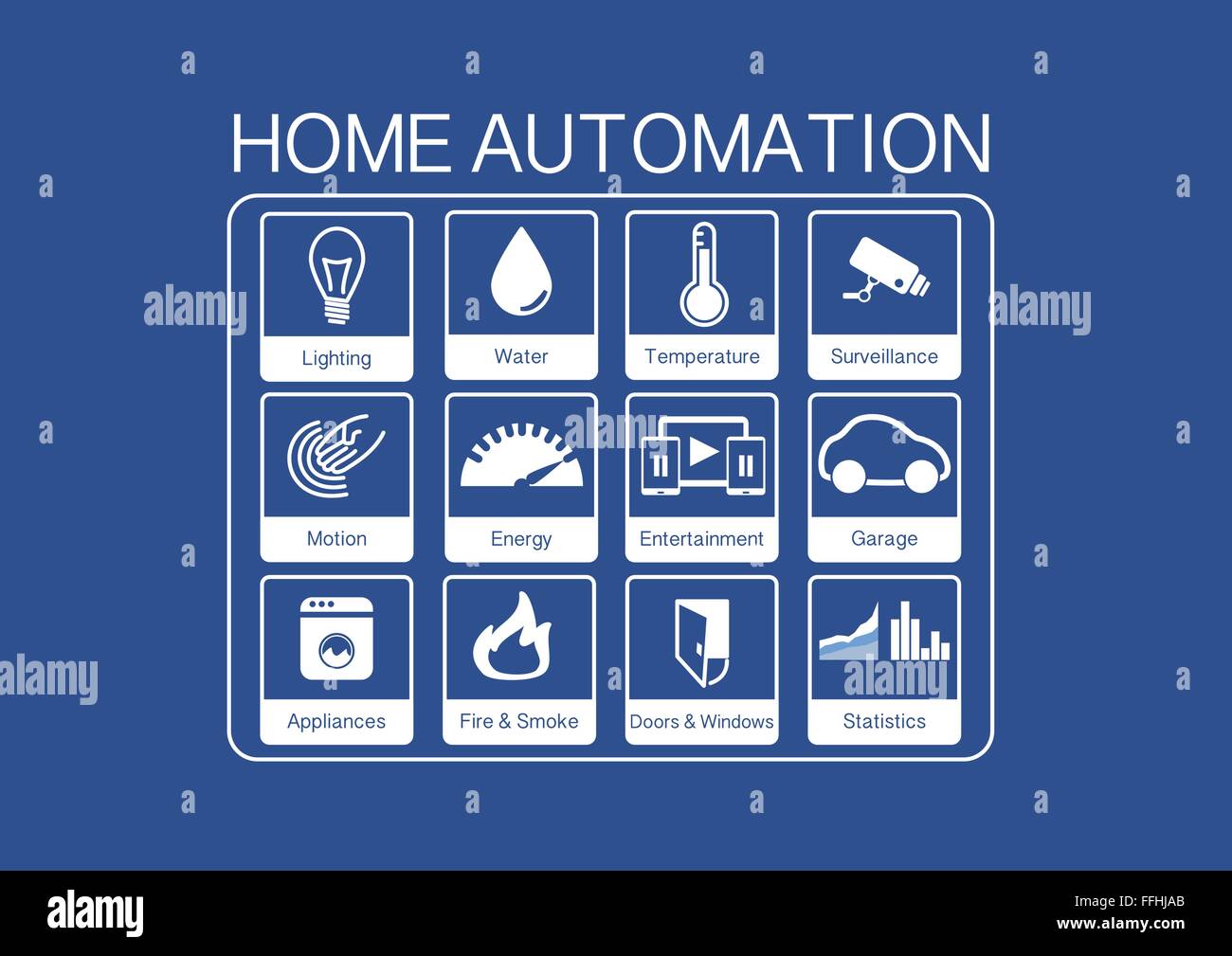 Icone vettoriali per home automation per controllare una casa intelligente come luce, acqua, sensori, elettrodomestici, le videocamere di sorveglianza Illustrazione Vettoriale