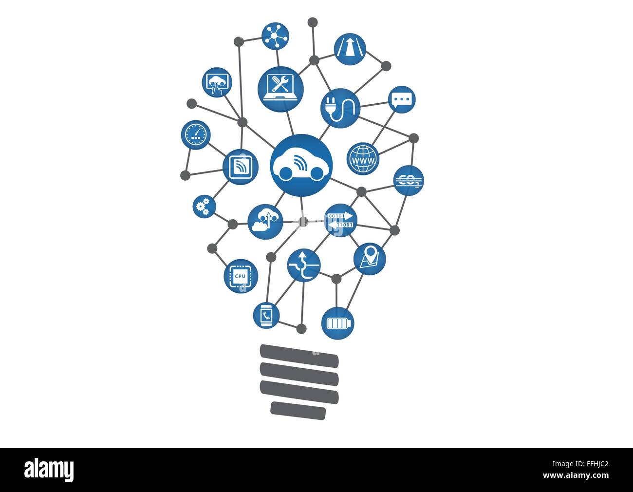 Connesso concetto di automobile come innovazione tecnologica. Lampadina della luce di dispositivi connessi all'interno di auto-industria. Illustrazione Vettoriale