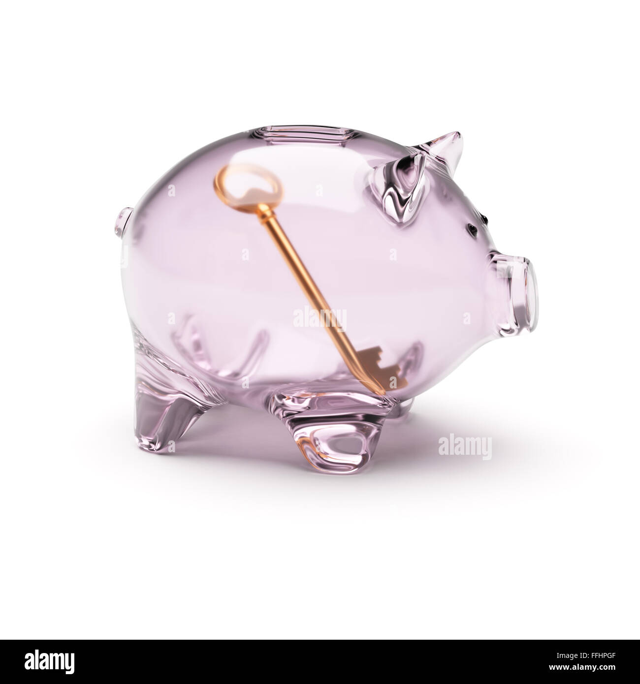 Vetro trasparente salvadanaio con golden key interno isolato su bianco Foto Stock