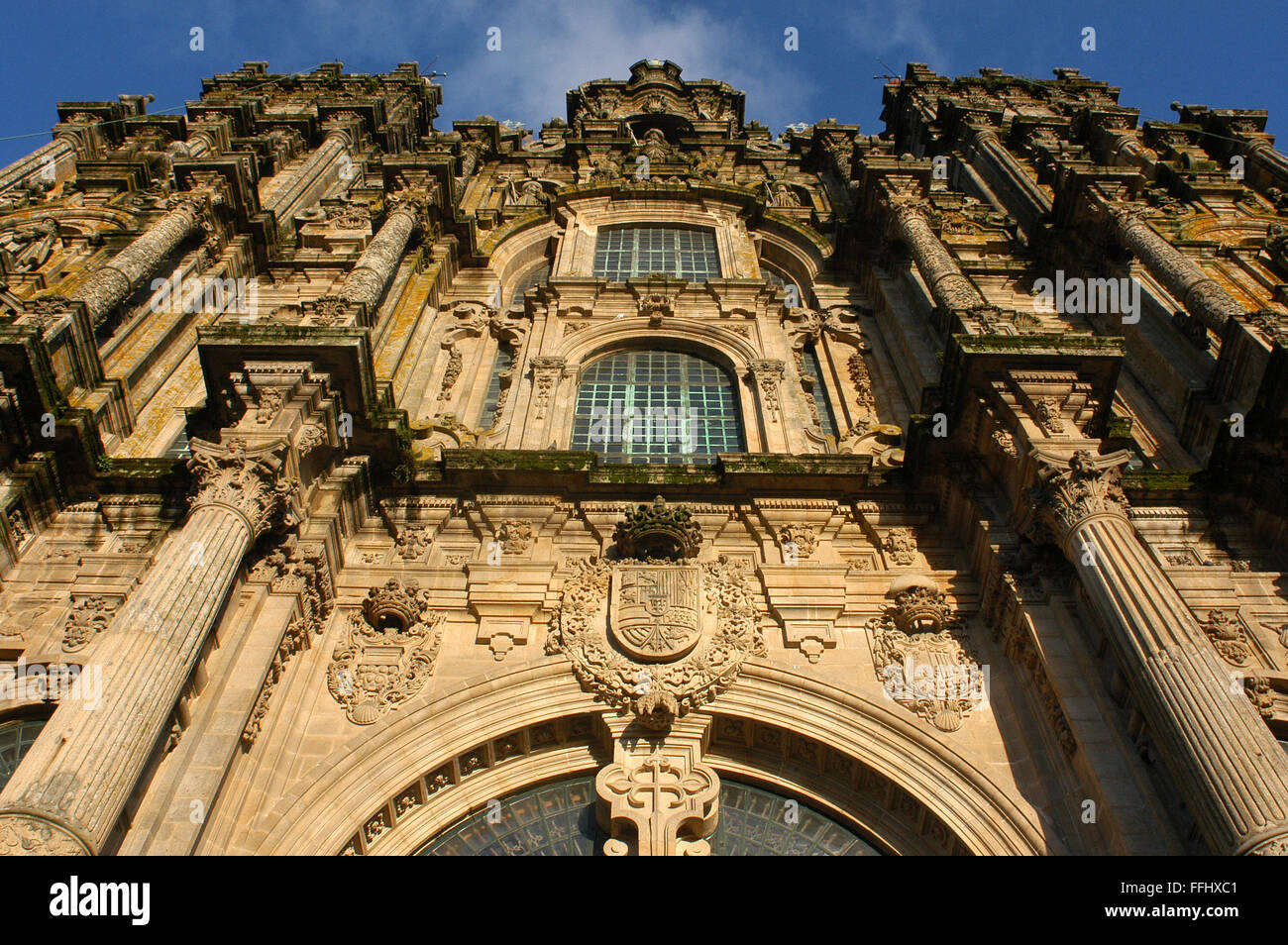 Modo di San Giacomo, Ruta Jacobea. Santiago Cathedral. Praza do Obradoiro. Santiago de Compostela. St. James's Way, St. James's percorso, St. James's Trail, itinerario di Santiago de Compostela o Cammino di Santiago Foto Stock