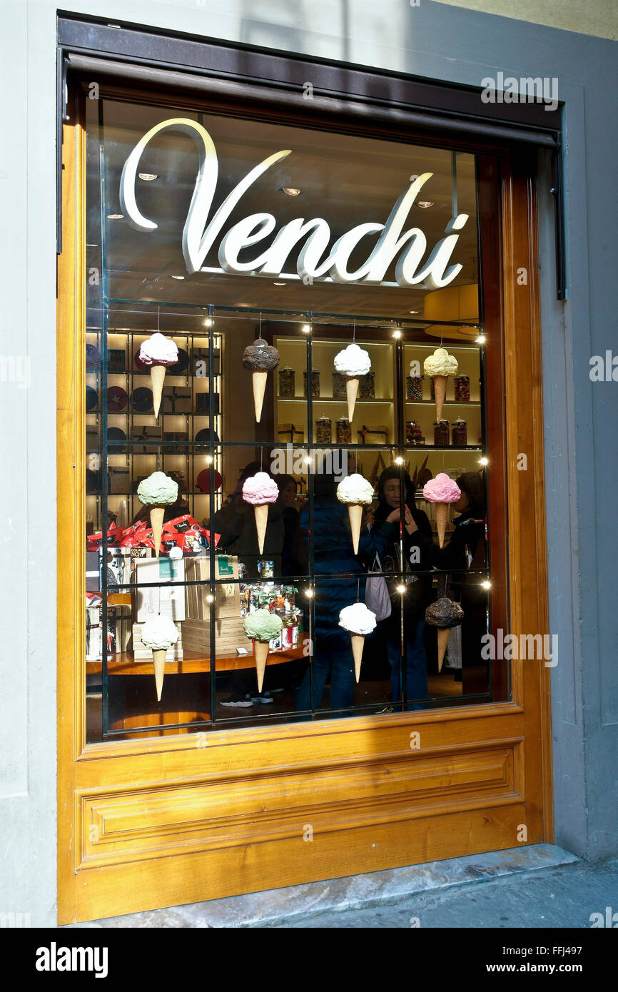 Venchi, famoso negozio di gelati italiani a Firenze, Toscana, Italia centrale, Europa, Unione europea, UE. Foto Stock