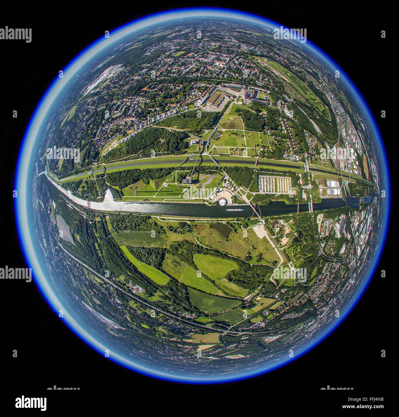 Vista aerea, la Nordsternpark Gelsenkirchen, fisheye, fish eye, Gelsenkirchen, zona della Ruhr, Renania settentrionale-Vestfalia, Germania, Foto Stock