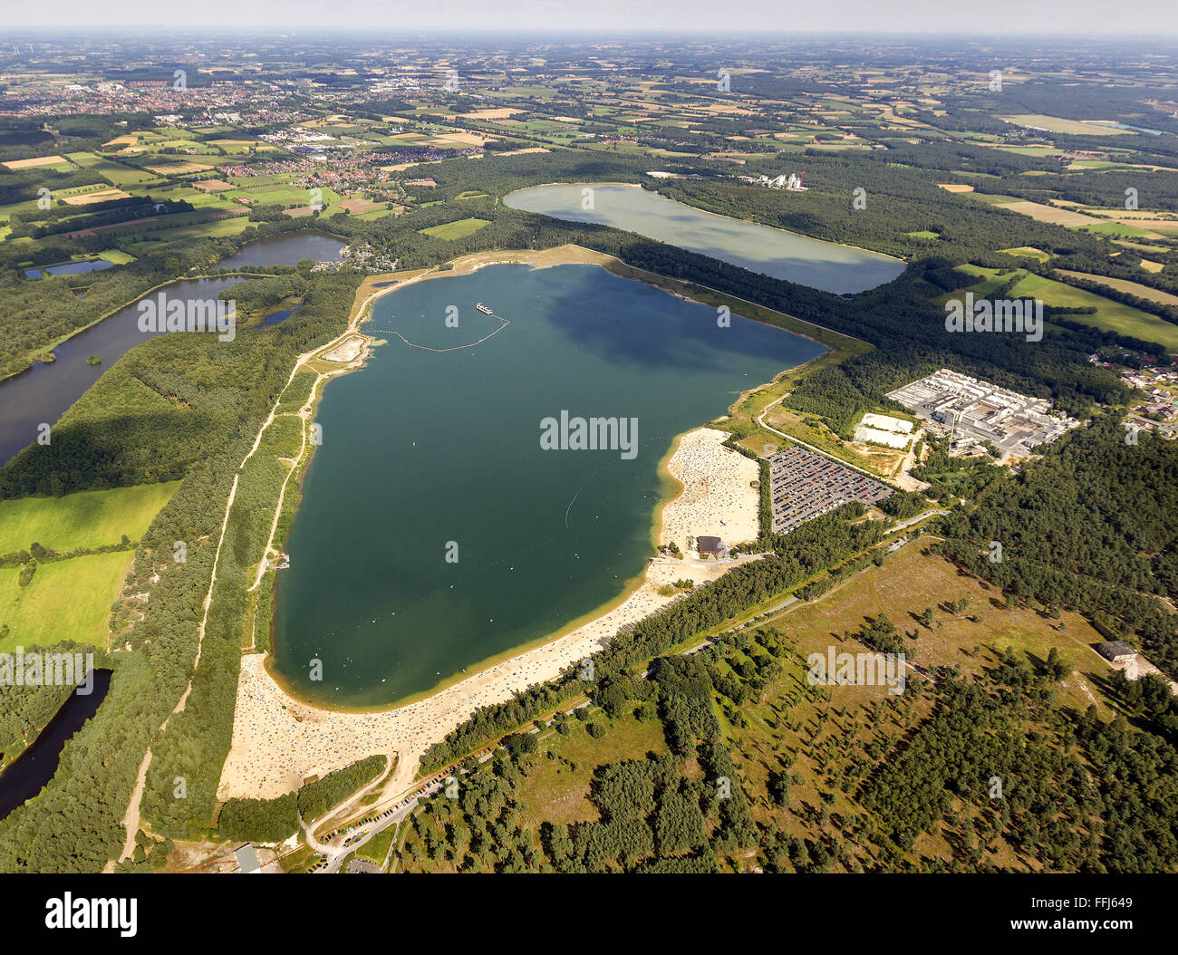Vista aerea, spiaggia sabbiosa, lago, Riva, mare, bagnanti, Silbersee II Haltern Duelmen, Haltern am See, della Ruhr, Foto Stock