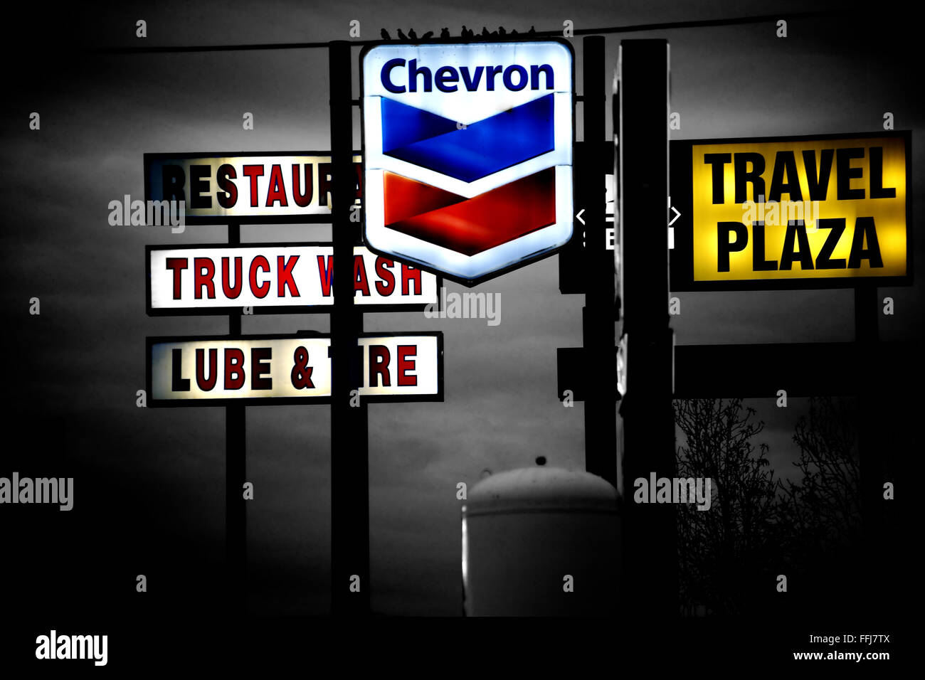 Insegne al neon nel buio Foto Stock