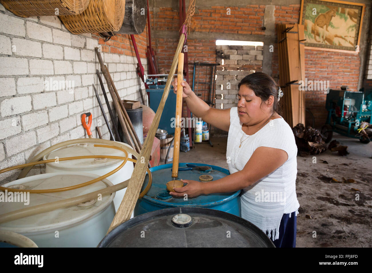 Santiago Matatlán, Oaxaca, Messico - presso una distilleria di mezcal, una donna preleva un campione per i visitatori di gusto. Foto Stock