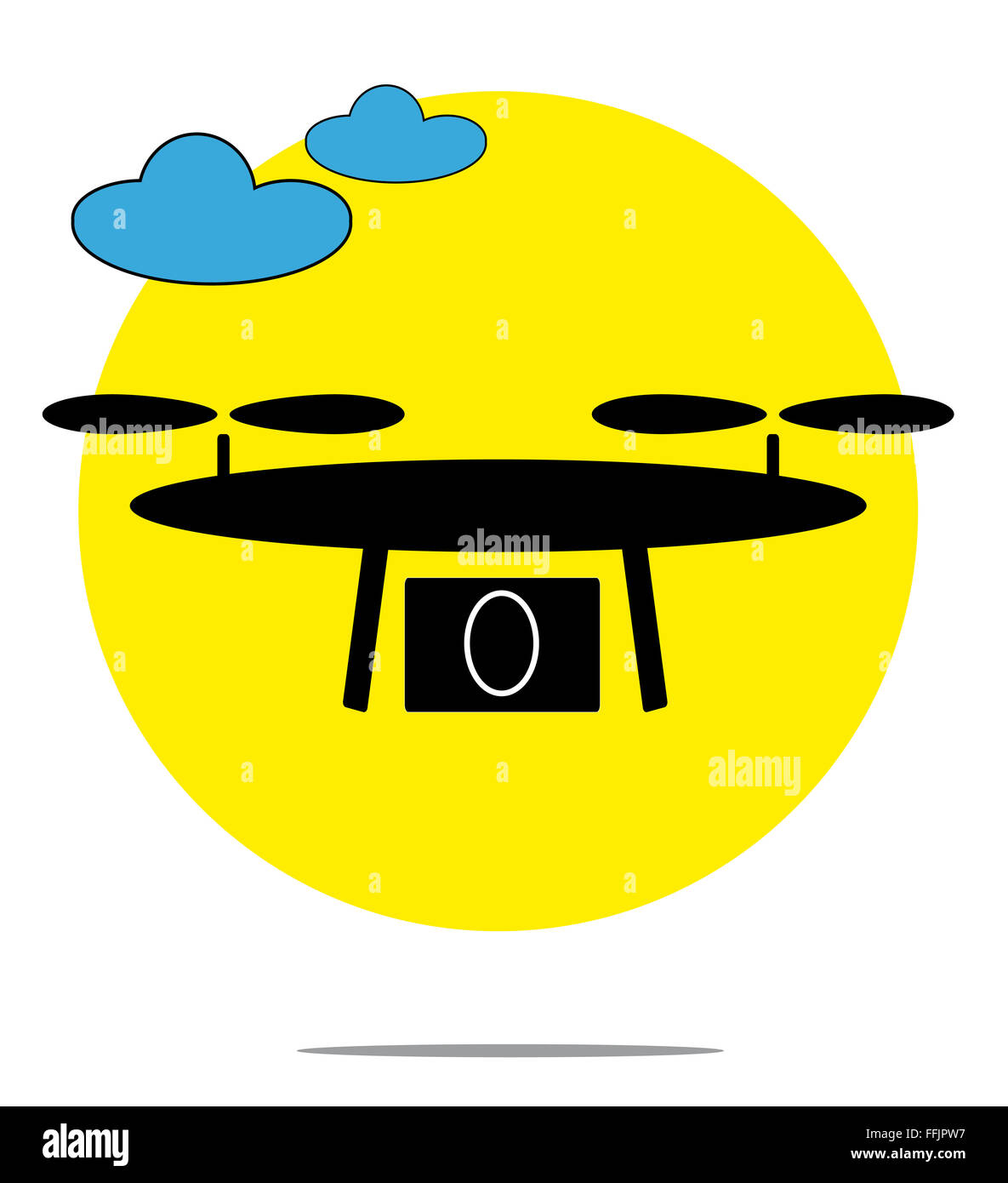 Illustrazione del drone con nuvole e cerchio giallo sullo sfondo Foto Stock