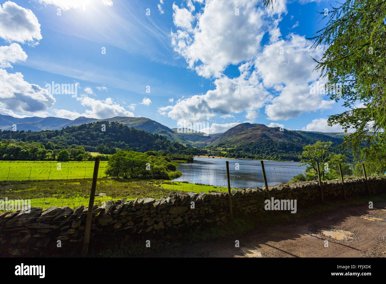 Parete da terreni coltivati su Ullswater, Parco Nazionale del Distretto dei Laghi, Cumbria, Inghilterra Foto Stock