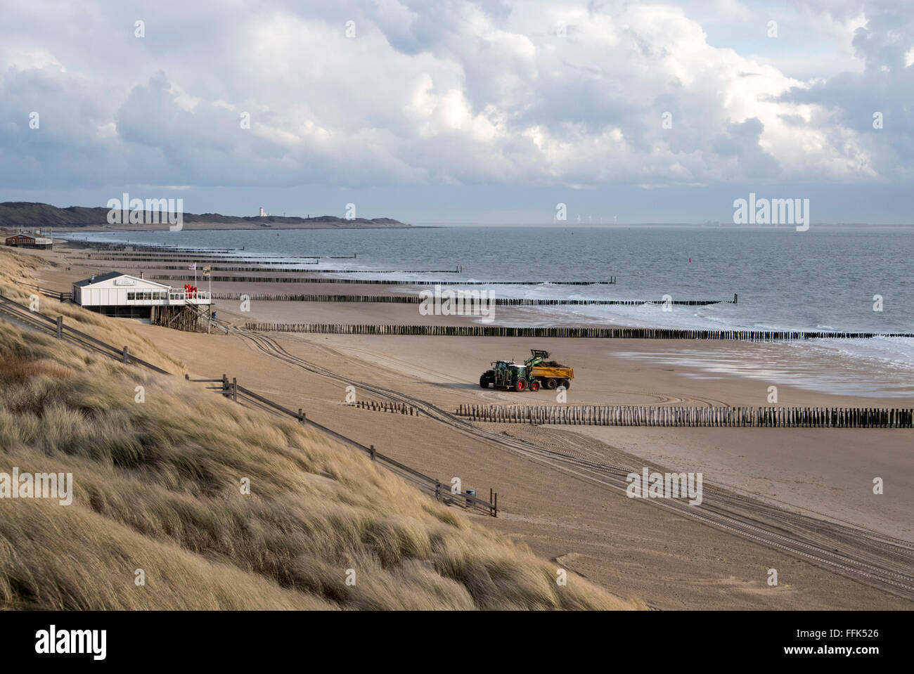 Costa, spiaggia sabbiosa, groyne, Westkapelle vicino a Domburg, costa del Mare del Nord, Zeeland, Paesi Bassi Foto Stock