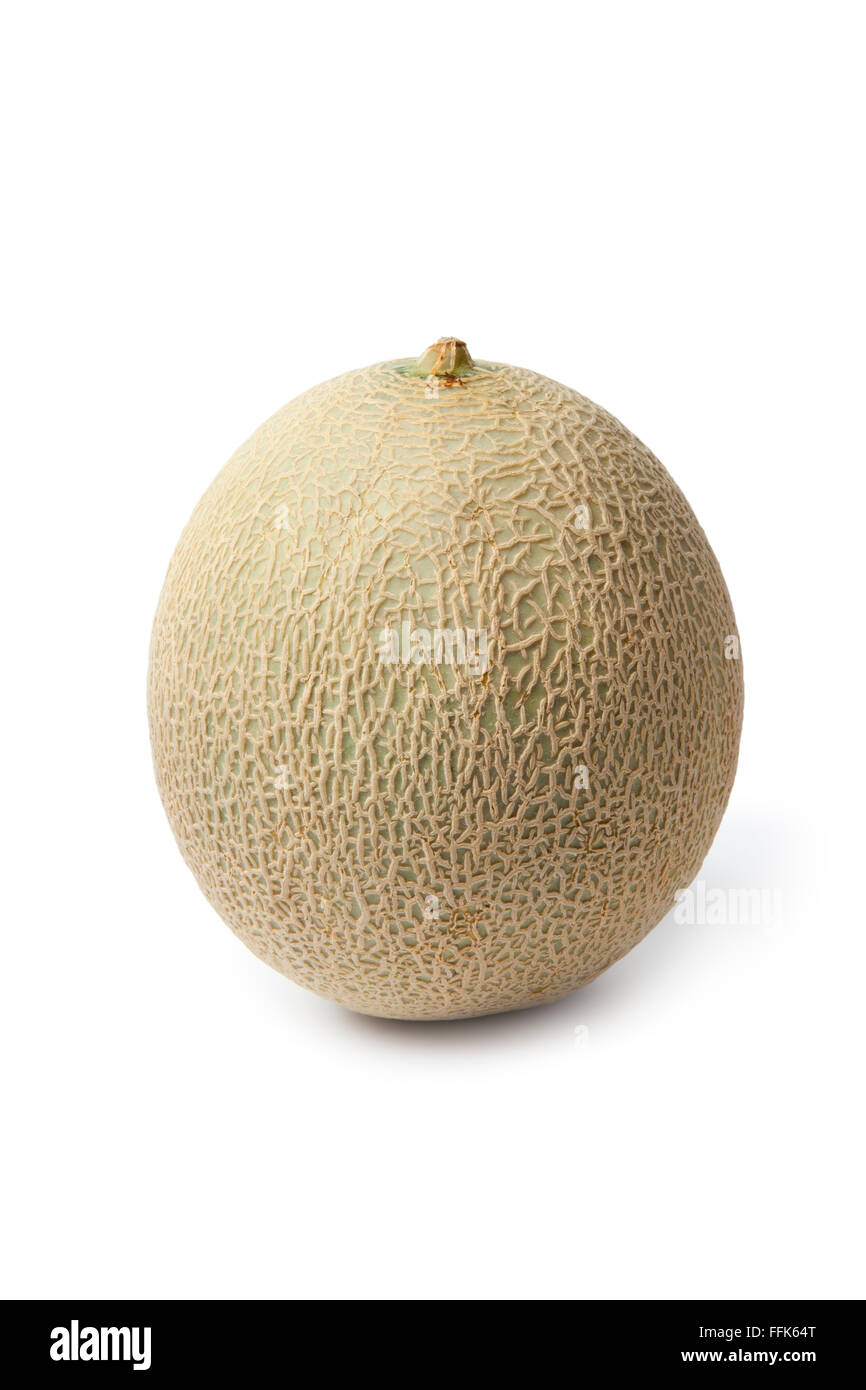 Tutto il singolo melone Cantalupo isolati su sfondo bianco Foto Stock