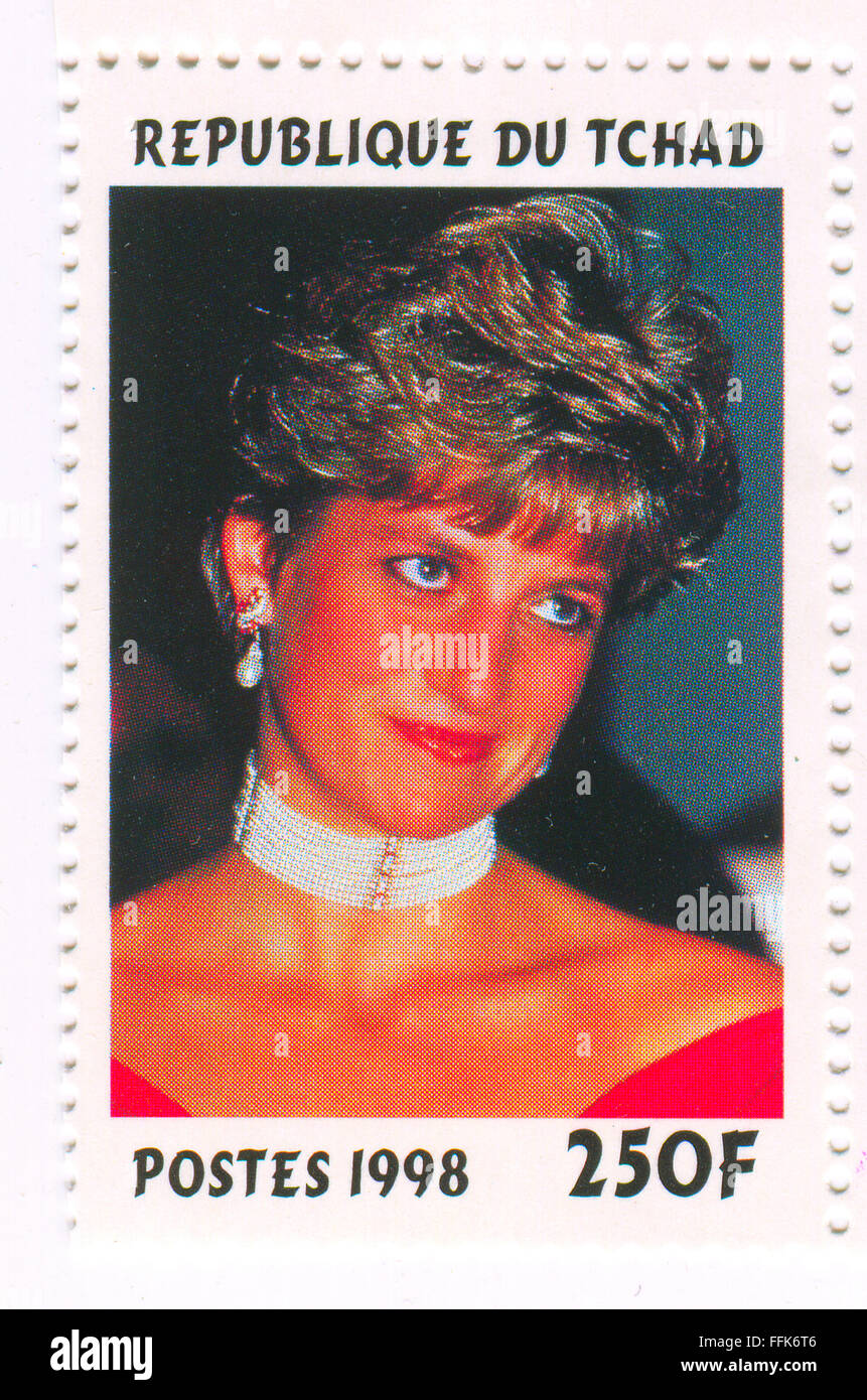 Un timbro stampato in Ciad mostra immagine della Diana, Principessa del Galles (1 luglio 1961 - 31 agosto 1997), è stata la prima moglie di Charle Foto Stock