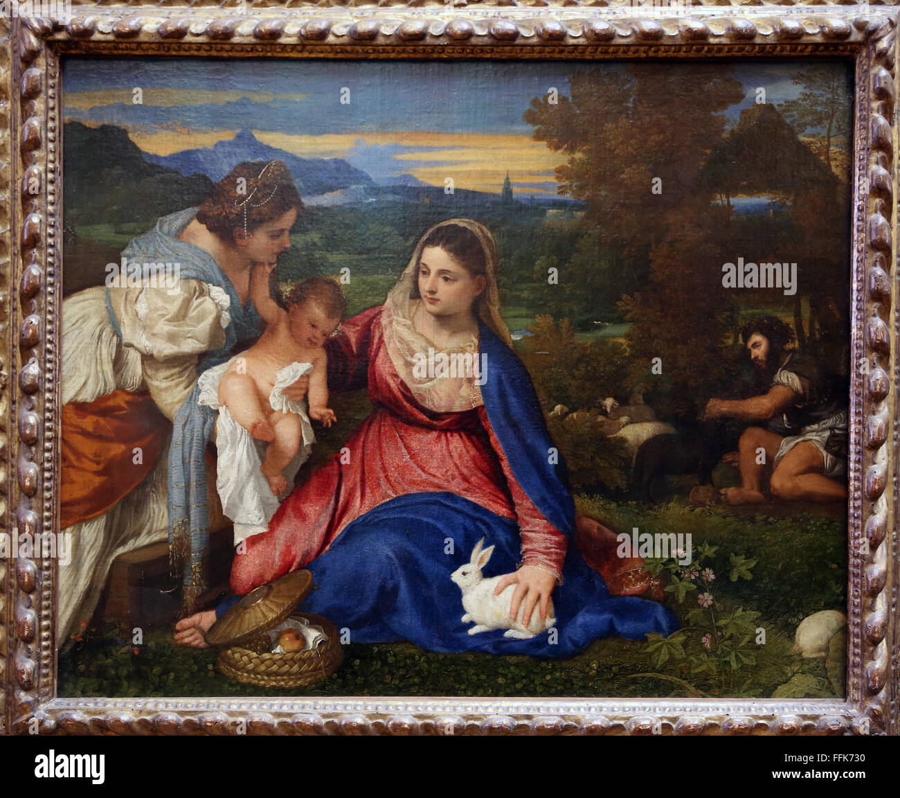 La Madonna del coniglio, 1530. Da Tiziano (1488-1576), pittore italiano di scuola veneziana. Il museo del Louvre. Parigi. Foto Stock