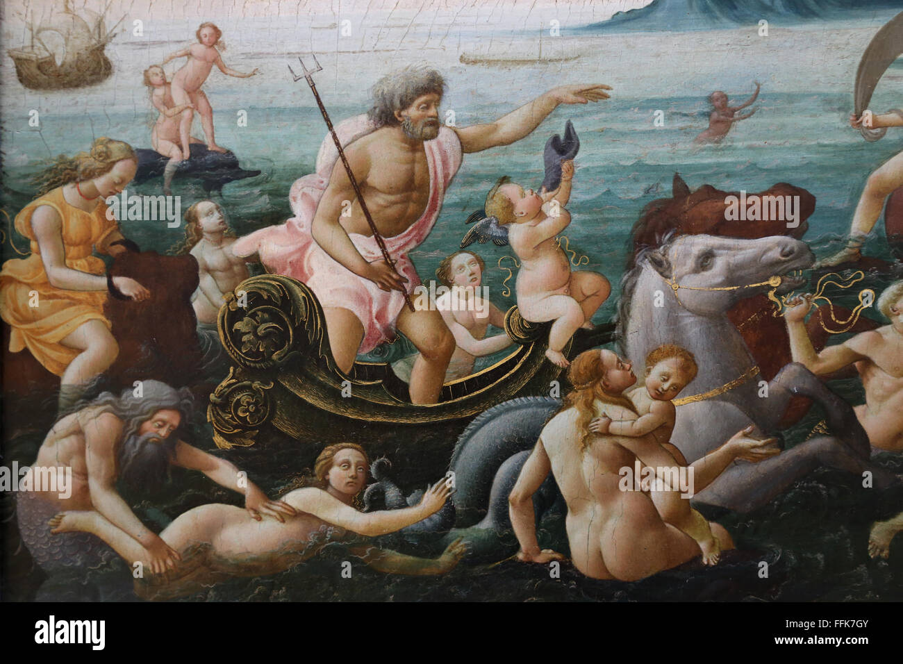 Processione di Thetis, 1490. Dettaglio di Poseidone, il dio del mare de. Da Bartolomeo di Giovanni (attivo 1488-1501). Primo Rinascimento. Foto Stock