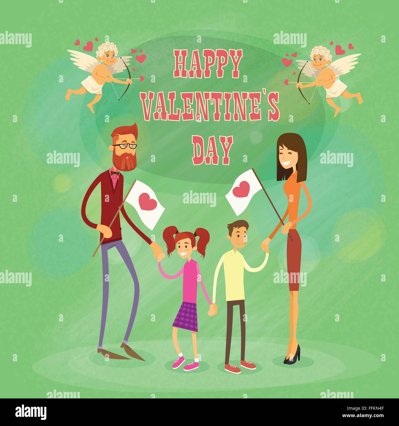 La famiglia felice, genitori con due bambini per mano di San Valentino vacanza Illustrazione Vettoriale