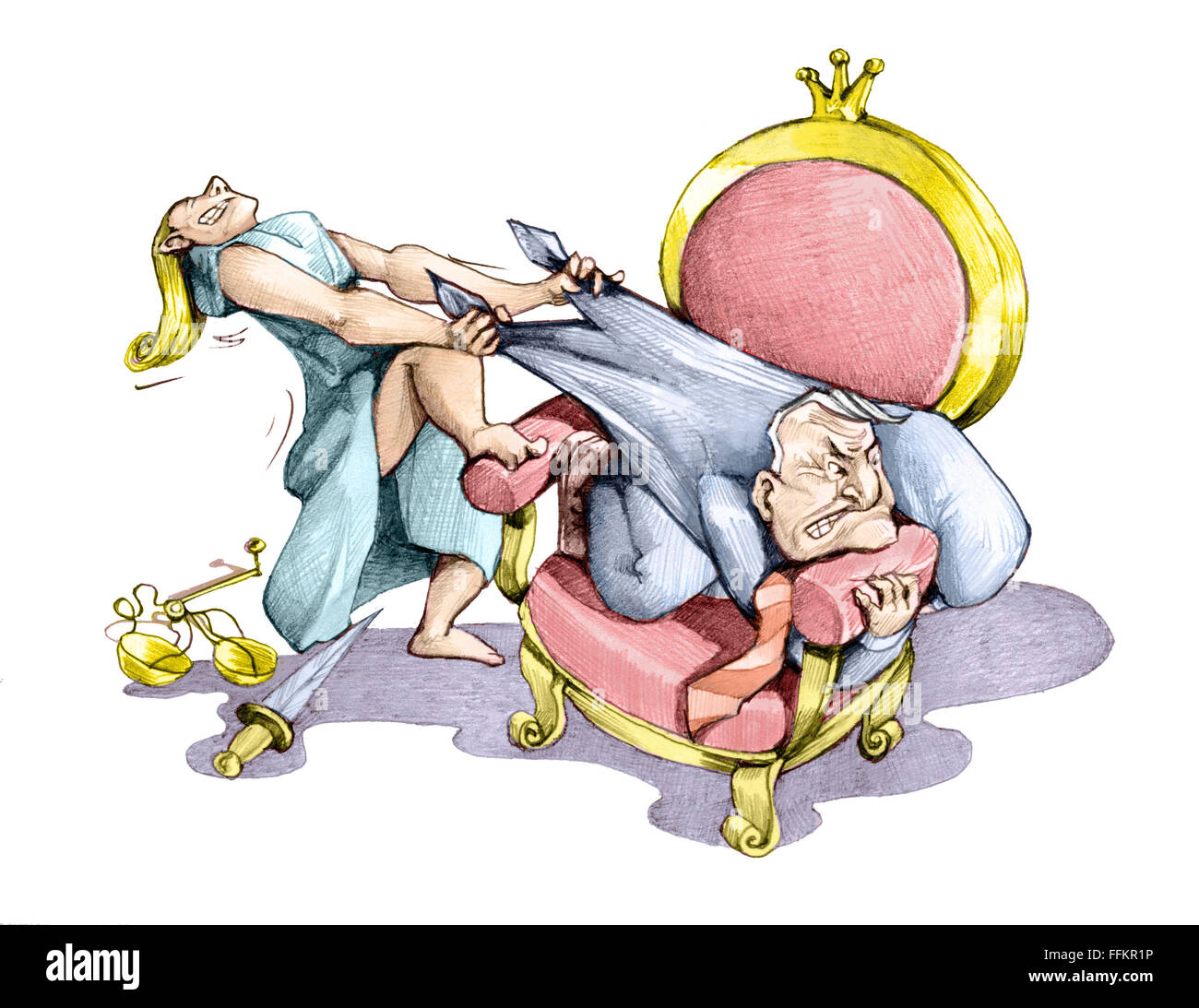 Un uomo politico è aggrappato alla sua sedia mentre la giustizia si tira verso il basso Foto Stock