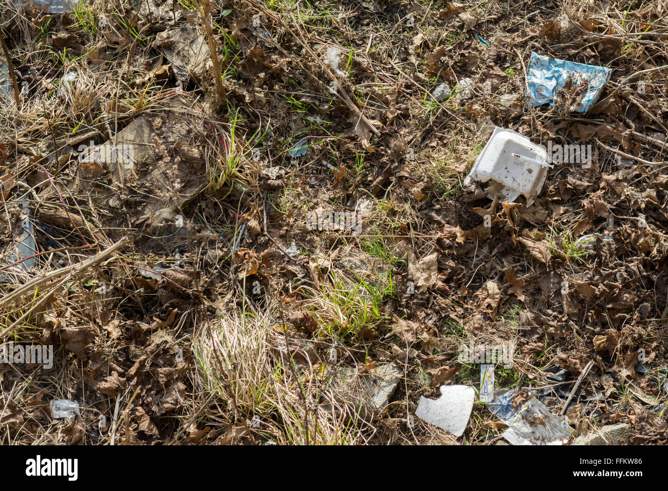 Ago usato bloccato in vuoto fast food packaging scartati dal fiume Clyde, Glasgow, Scotland, Regno Unito Foto Stock