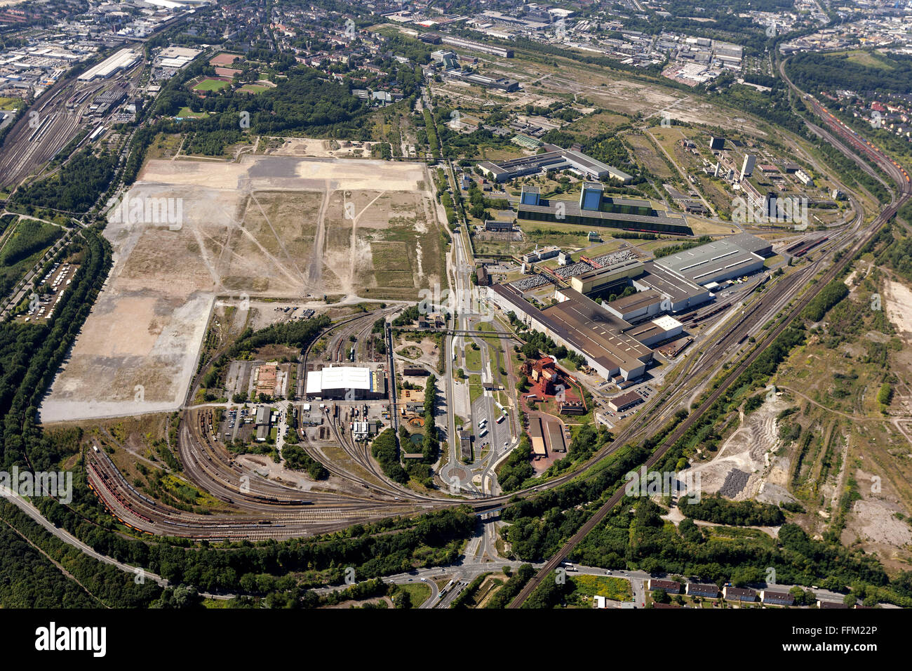 Vista aerea, ThyssenKrupp Logistica, Hoesch terreno vicino Borsigplatz, Dortmund, Ruhr, Renania settentrionale-Vestfalia, Germania, Europa Foto Stock